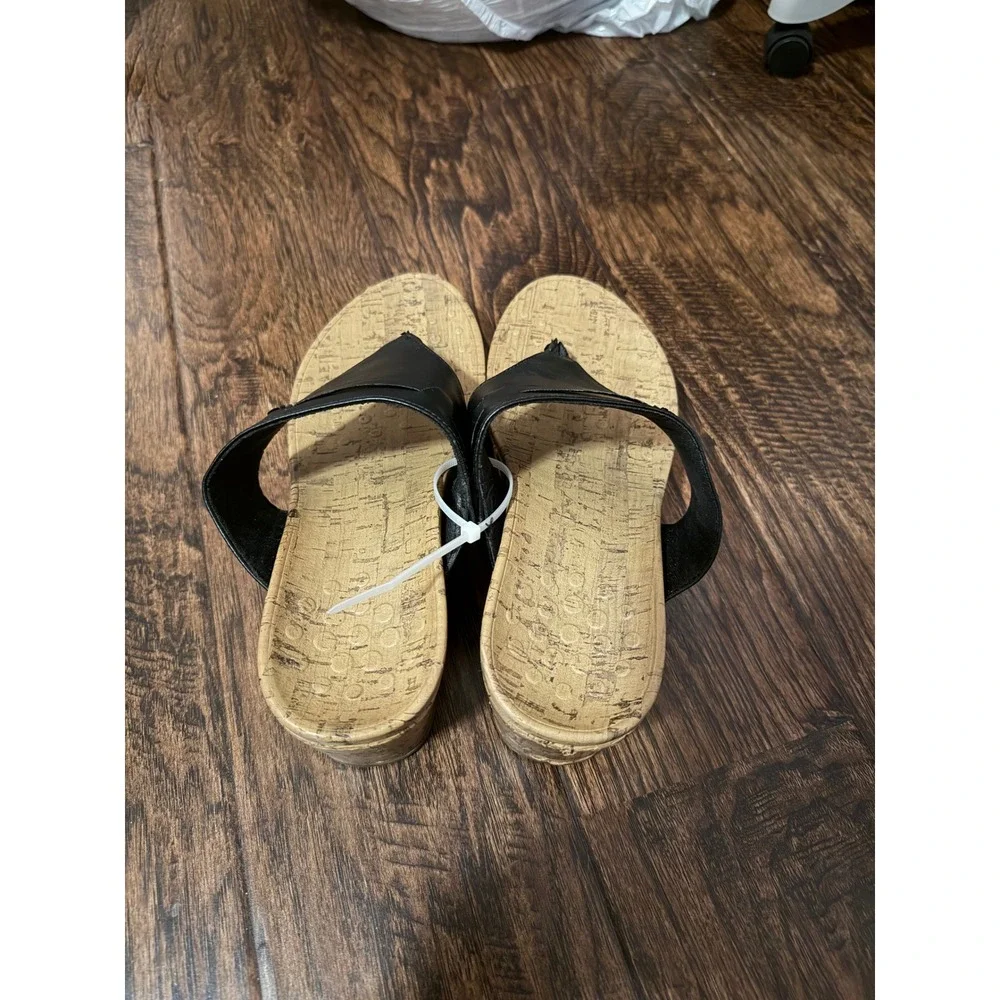 Vionic Cameron Black Cork Wedge Sandals Womens 9 Orthotic Thong Flip Flop Shoes